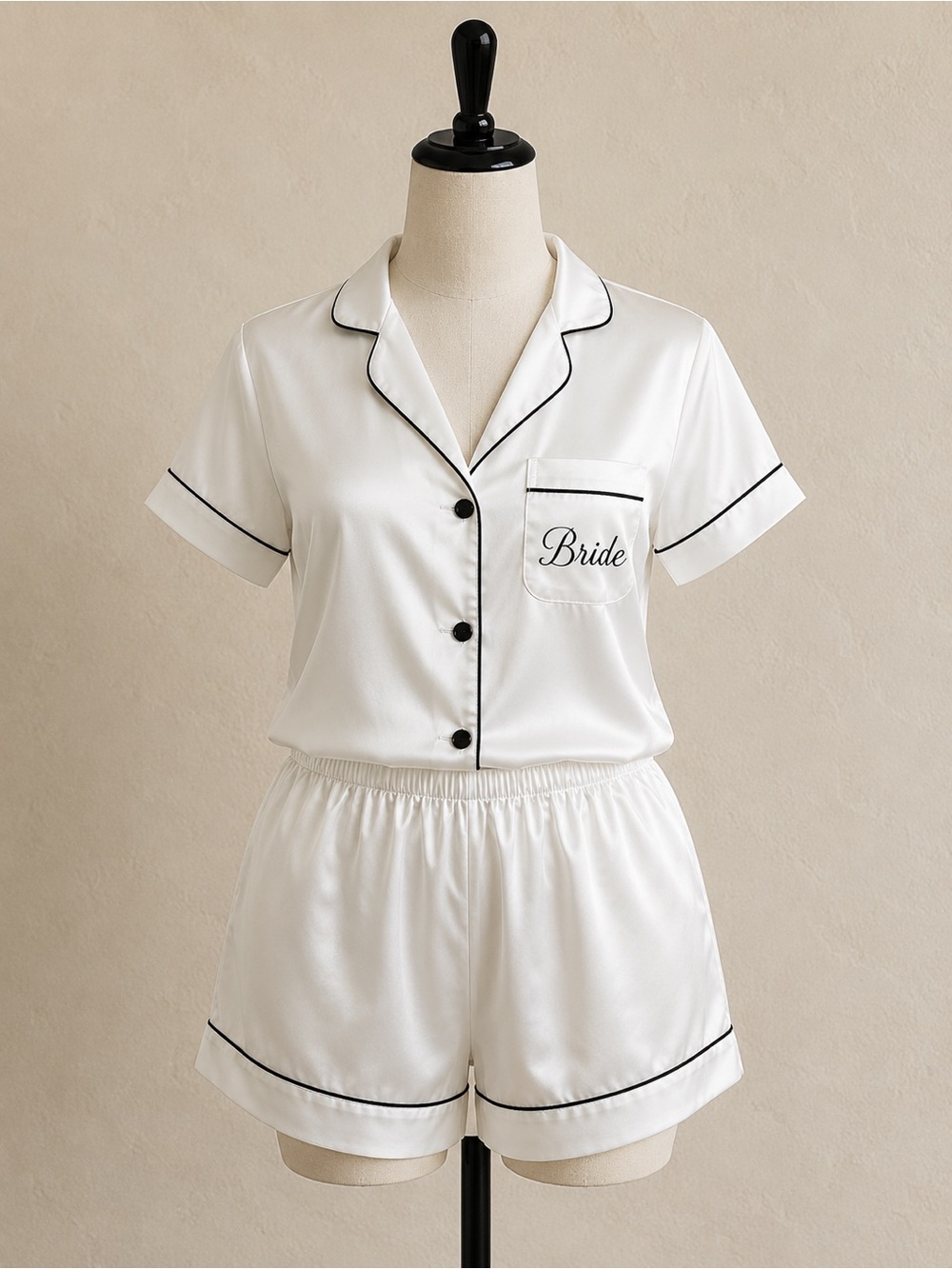 Bride Short Pajama Set with Contrast Piping - White